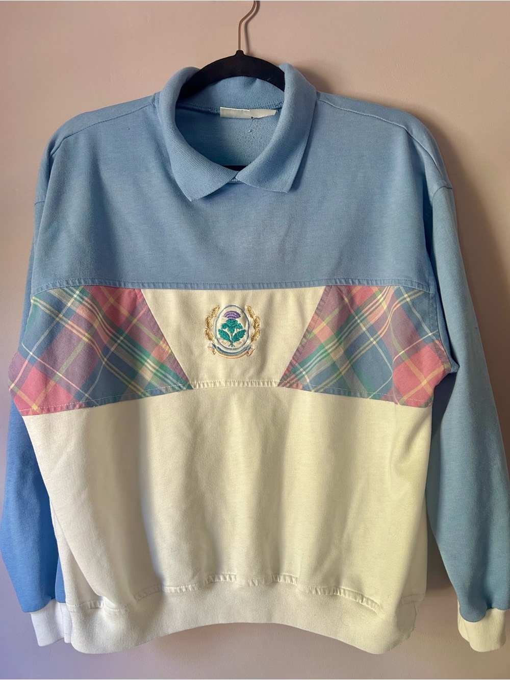 Vintage Jantzen color block collared sweatshirt with embroidered thistle